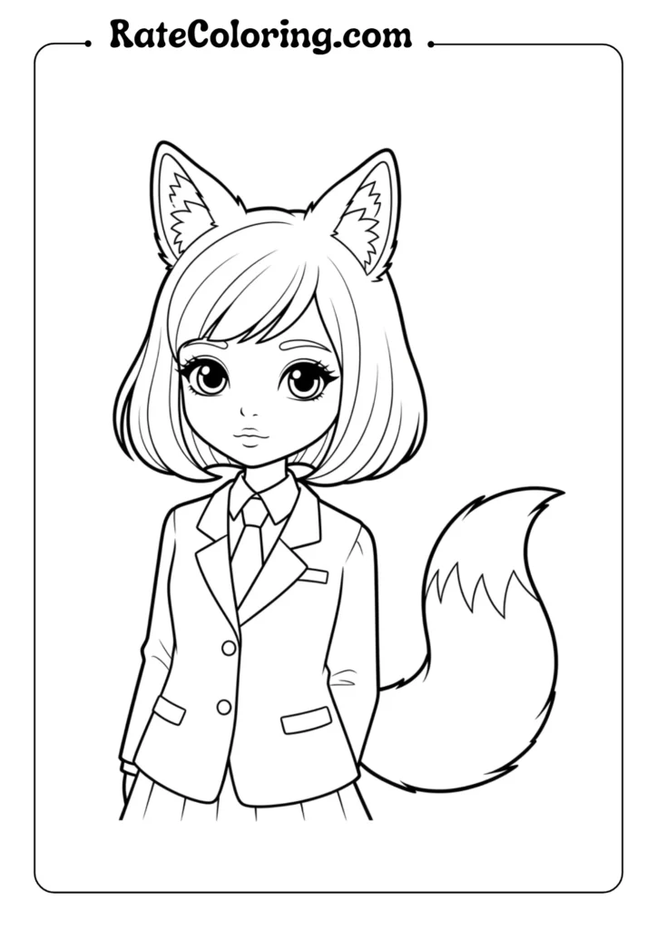 Coloring page of a girl wearing a suit and fox ears, inspired by K-pop demon hunters.