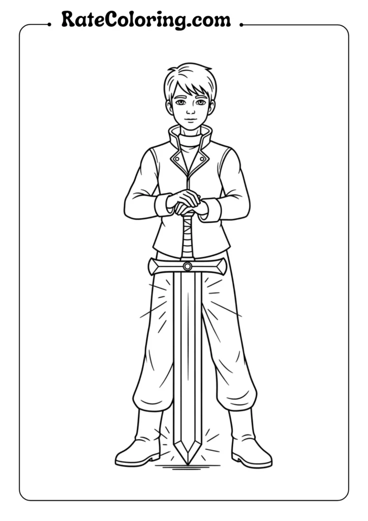 A coloring page of a boy with a sword, capturing the K-pop demon hunter vibe.