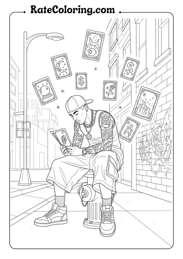 A K-pop demon hunters coloring page showing a man seated on the street, ready for coloring.