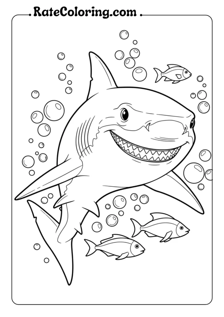 Line drawing of a smiling shark swimming underwater surrounded by smaller fish and bubbles.