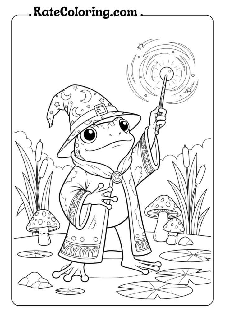 A playful frog wearing a wizard hat and holding a wand, ready to be colored in a fun and creative coloring page.