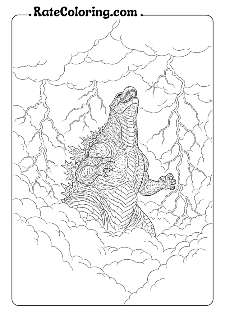 Intricate Godzilla coloring pages designed for adults, featuring detailed illustrations of the iconic monster.