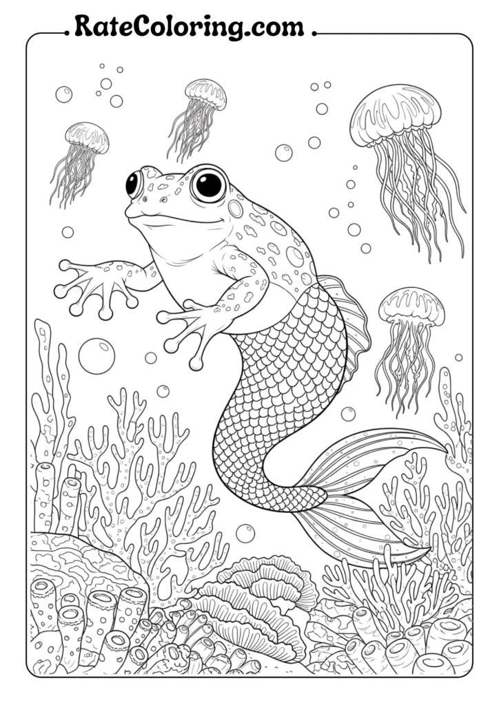A frog coloring pages with a fish-like tail swims among jellyfish and coral in an underwater scene.