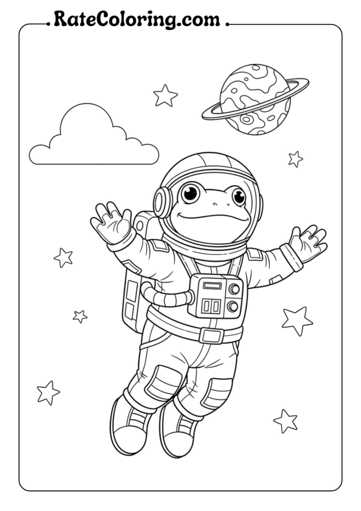 A whimsical astronaut frog coloring pages floating in space among stars and planets.