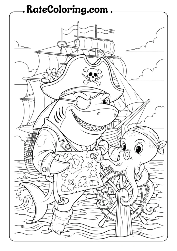 Fun pirate and shark coloring pages for kids, featuring adventurous scenes and playful designs to spark creativity.