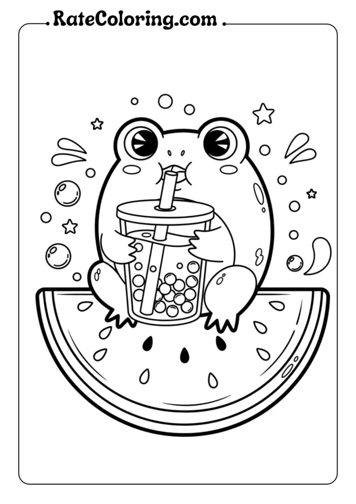 A frog coloring pages sitting on a slice of watermelon, designed for creative coloring activities.