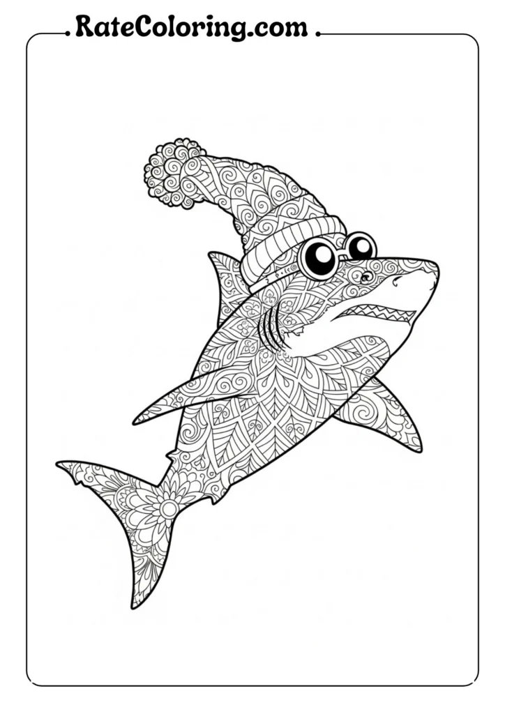 A cheerful shark in a hat on a coloring page, ready for kids to bring it to life with colors.