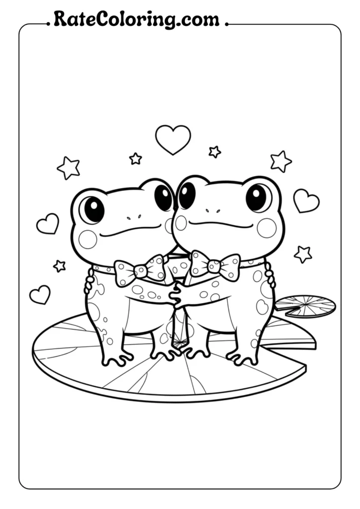 Two frogs holding hands on a coloring page, designed for children to color and enjoy creative activities.