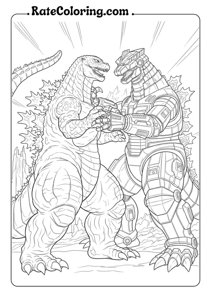 Godzilla battling in a dynamic scene from a coloring page, showcasing their iconic features and poses.