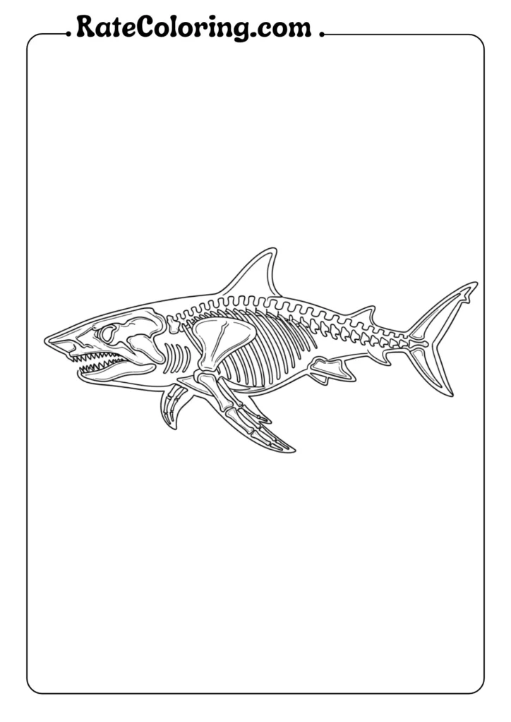 A fun shark coloring page showcasing a skeleton, inviting creativity and artistic expression.