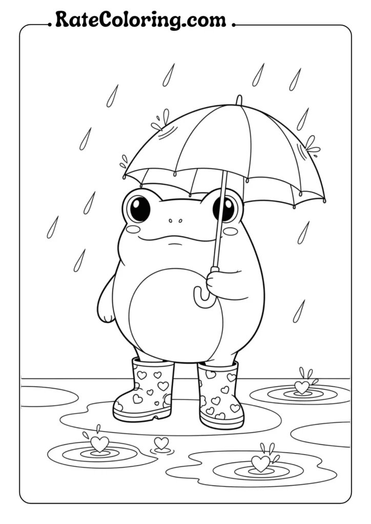 A colorful frog coloring pages holding an umbrella stands in the rain, surrounded by splashes of water.
