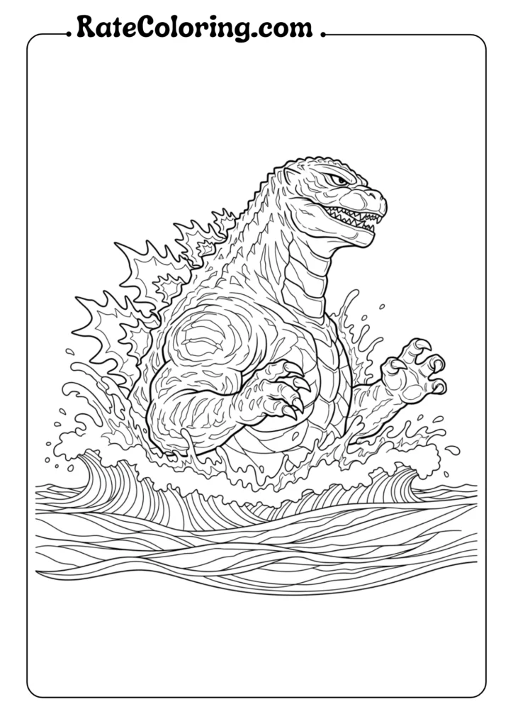 Adult coloring pages showcasing Godzilla, with complex designs for a relaxing and creative experience.