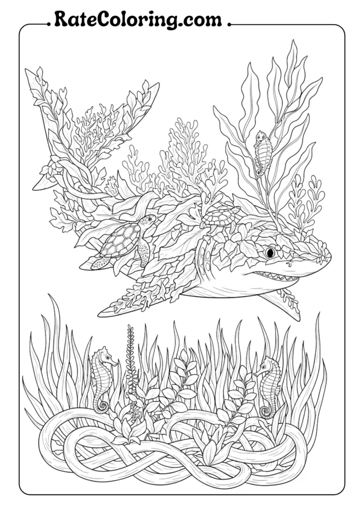A detailed coloring page of a shark with lush plants, designed for coloring enthusiasts to enjoy and express their creativity.