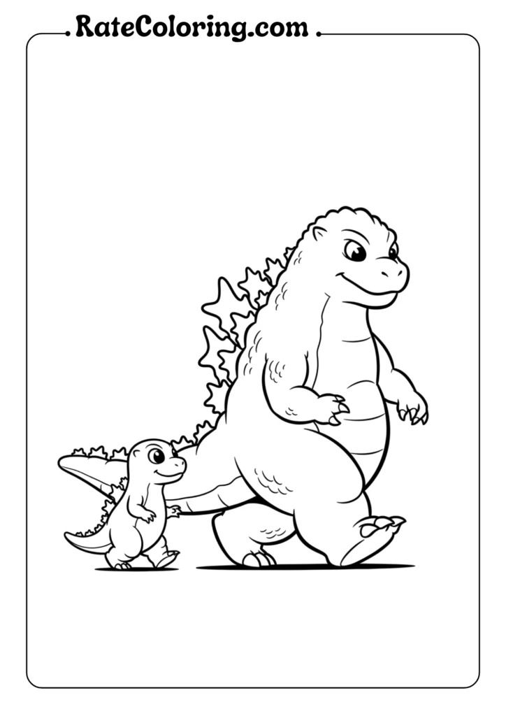 Godzilla and his baby stroll together in a fun coloring page, ready for creative coloring adventures.