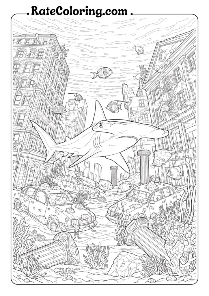 An outline drawing of a shark in the ocean, ready for coloring. Ideal for kids who love marine life!