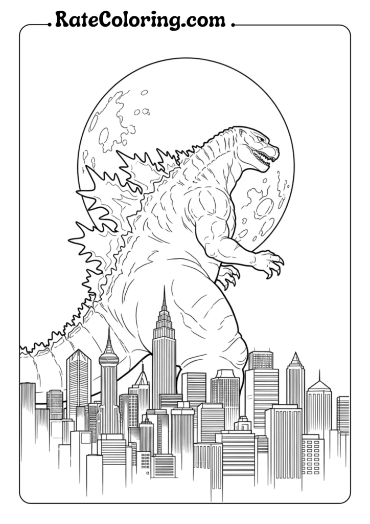Godzilla coloring pages set against a city skyline, inviting creativity with scenes of urban destruction and adventure.