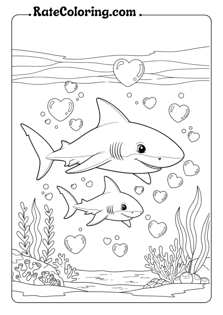 Engaging shark and baby shark coloring pages for kids, designed to inspire creativity and curiosity about ocean creatures.