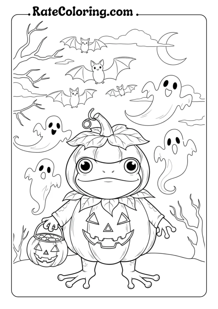 Adorable Halloween frog coloring pages for kids, showcasing playful animals ready to be colored in vibrant hues.