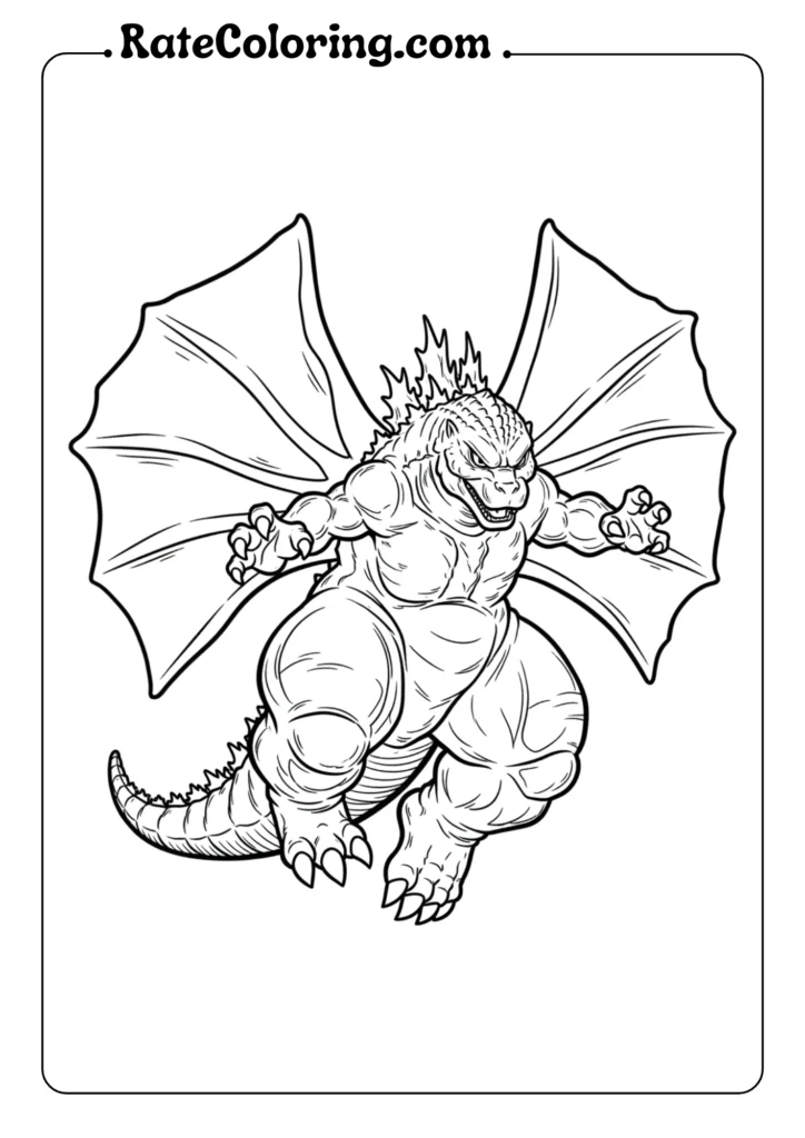 Fun Godzilla coloring pages showcasing the legendary monster in action, ready for creative coloring.