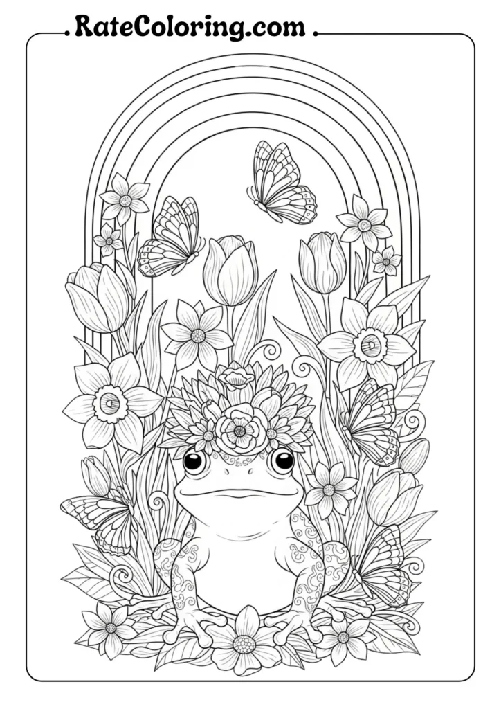 A playful frog coloring pages nestled in a flower garden