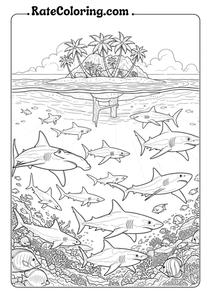 Line art of multiple sharks swimming underwater near a coral reef, with a tropical island and palm trees visible above the water surface.