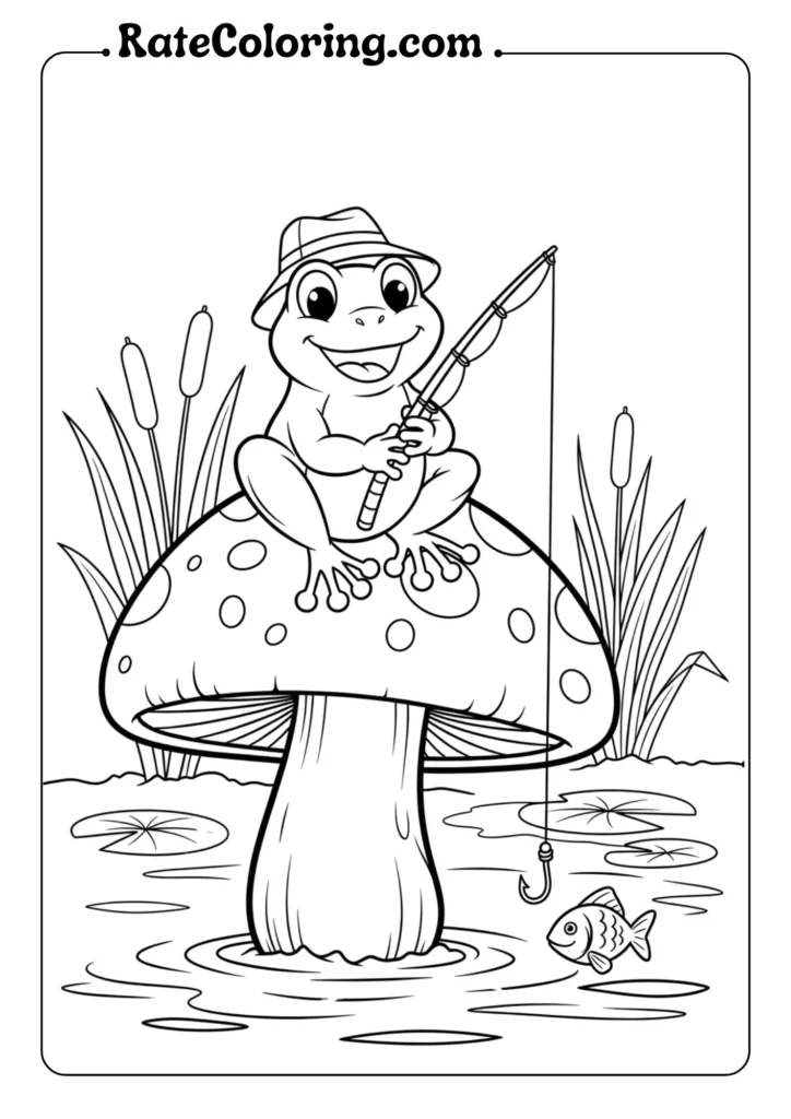 A fun coloring page showing a frog sitting on a mushroom, holding a fishing rod, ready to catch some fish.