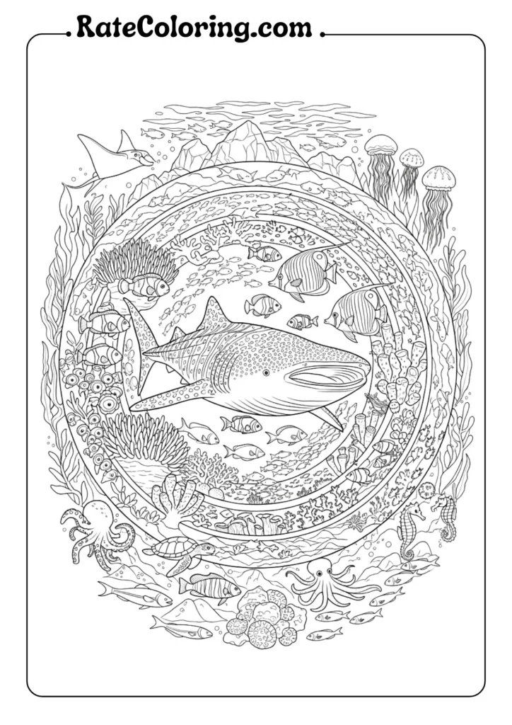 A vibrant coloring page with a shark and other animals, encouraging imaginative coloring and artistic expression.