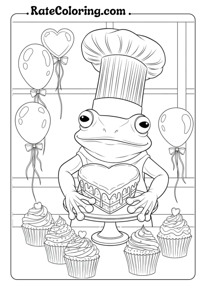 A playful frog coloring pages wearing a chef hat proudly presents a cake and balloons, adding joy to a celebration.