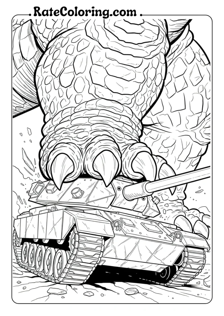Creative Godzilla coloring pages for kids crushing military tank