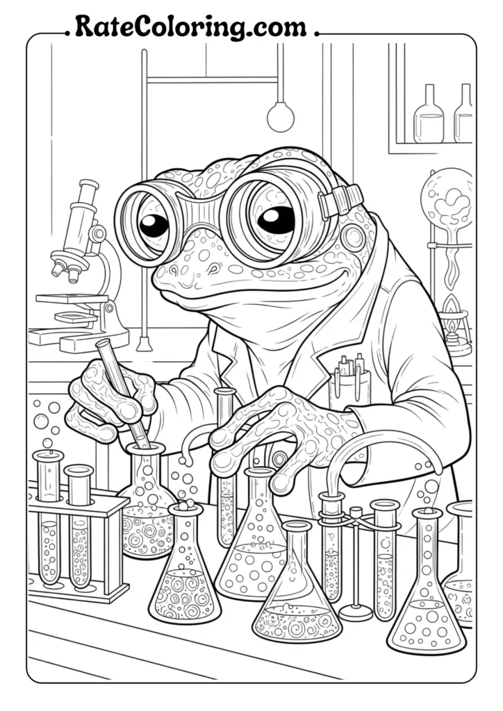 A cheerful frog coloring pages in a lab coat perfect for kids who love science and art.