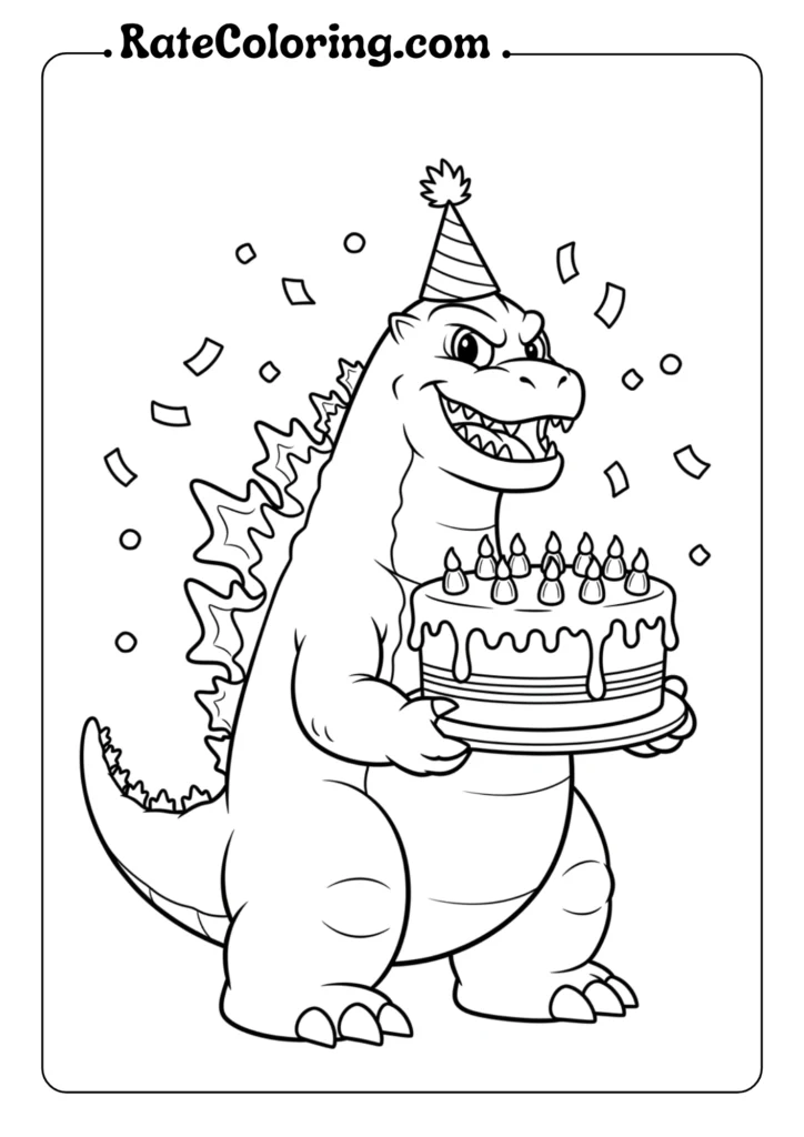 Colorful birthday coloring pages for kids, showcasing Godzilla and other joyful themes for a festive artistic experience.