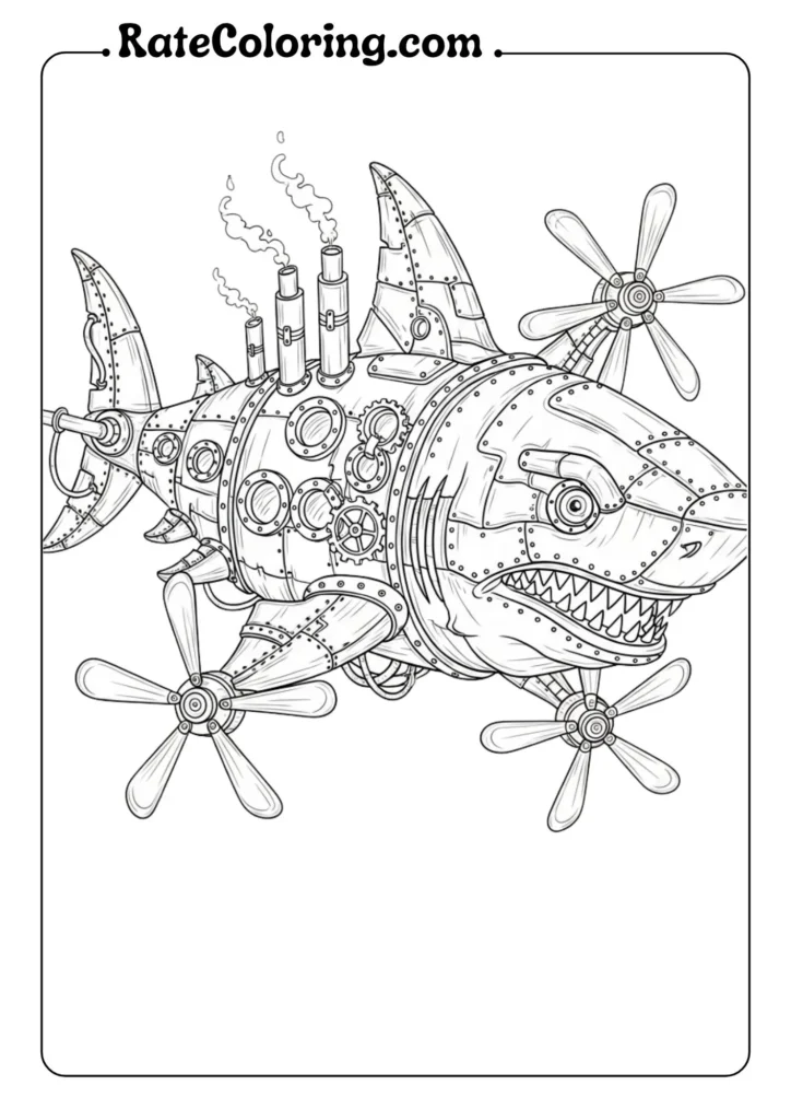 A playful coloring page displaying a shark at the center, inviting users to add their own colorful touches.