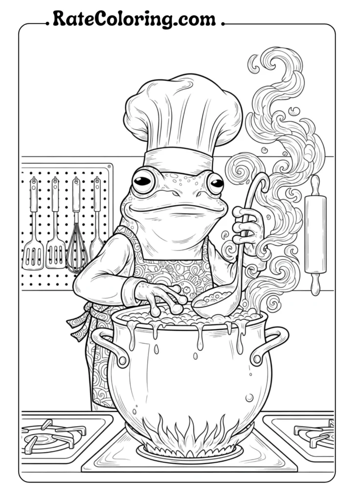 A frog coloring page featuring a chef happily cooking in a pot.