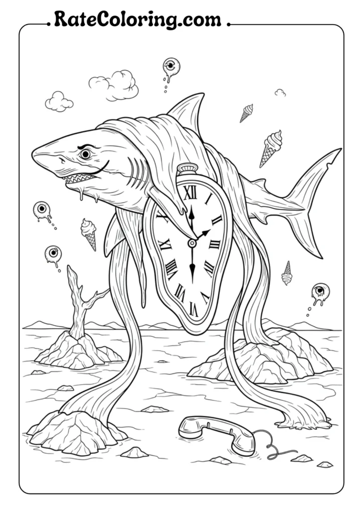 A whimsical shark with a clock on its head and back, perfect for coloring pages.
