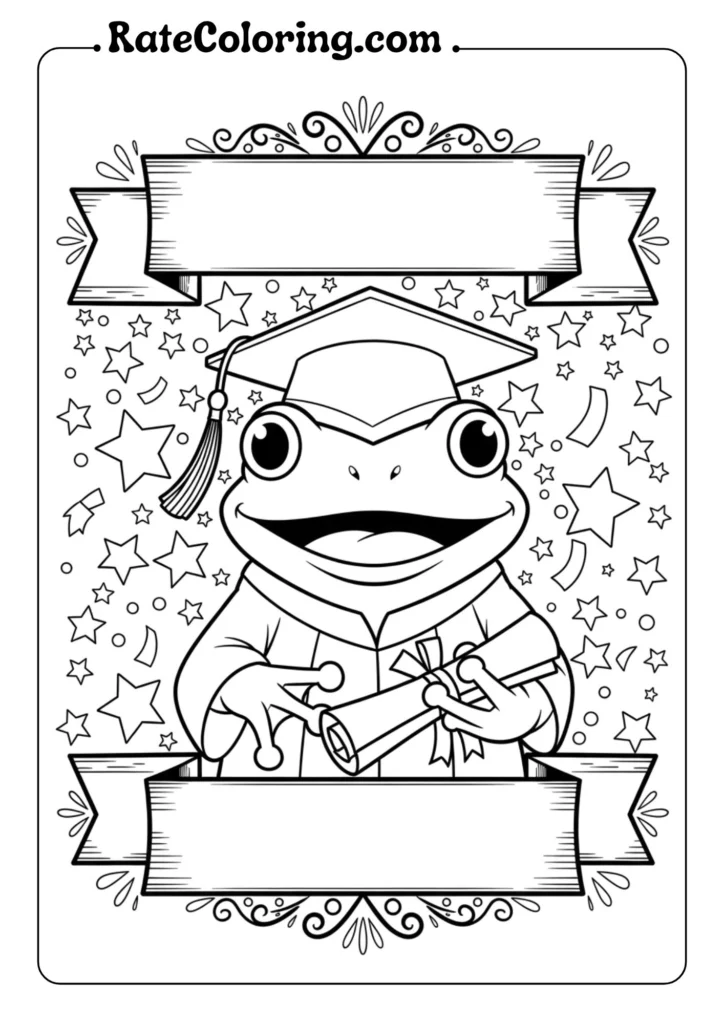 A cute frog wearing a graduation cap, designed as a coloring page for kids to enjoy and color.