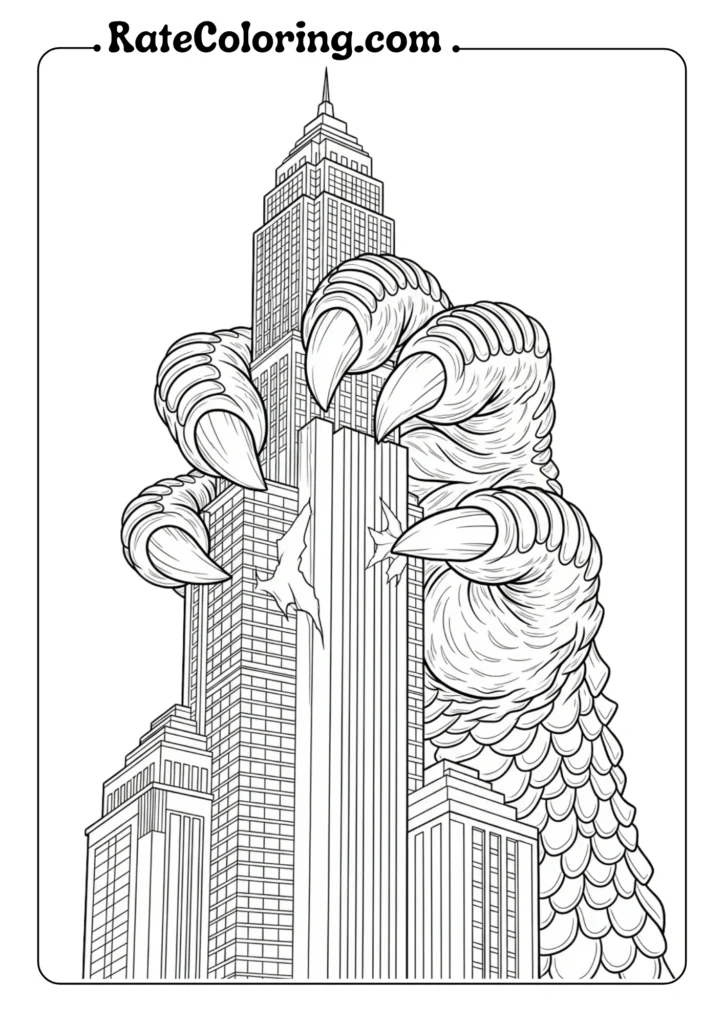 Godzilla clawing at a city skyline, featured in a fun coloring page for fans of the iconic monster.
