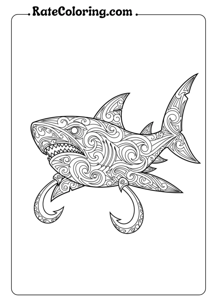 Detailed shark coloring pages for adults, showcasing various shark designs and patterns for a relaxing coloring experience.