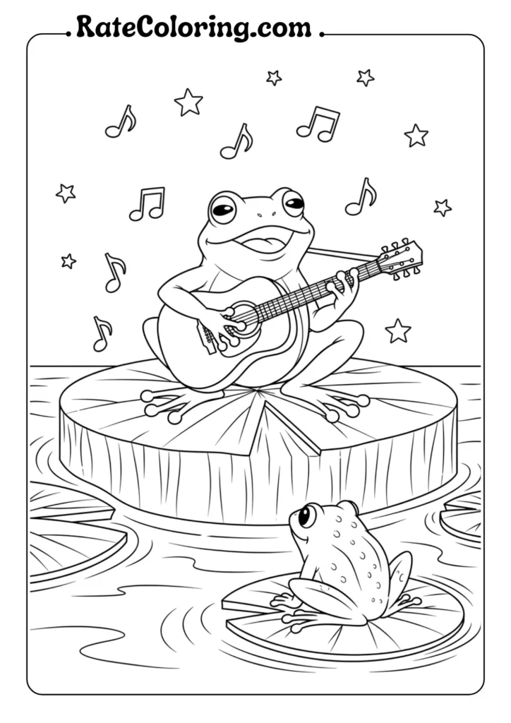 Frog coloring pages playing guitar and singing joyfully in a whimsical water scene
