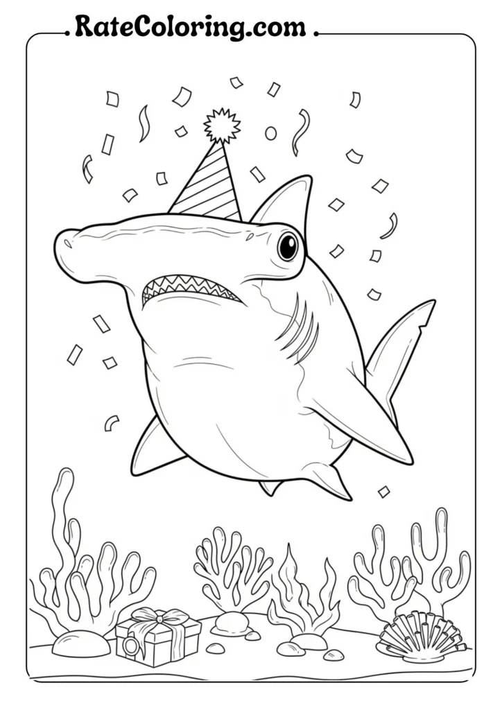 A shark with a festive birthday hat, perfect for coloring fun and creativity in this engaging page.