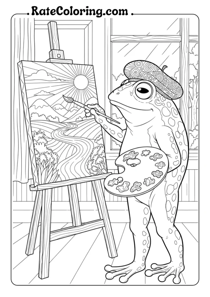 A playful frog with a paintbrush stands beside an easel, excited to fill a coloring page with vibrant colors.