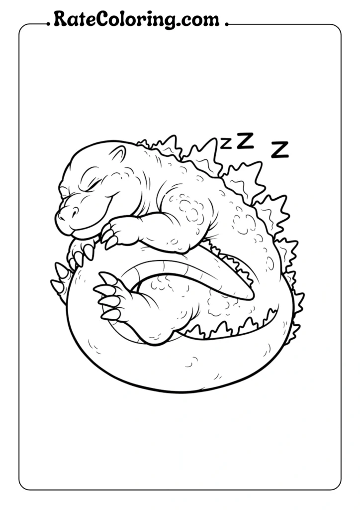 A coloring page featuring Godzilla peacefully sleeping, ready for creative coloring fun.