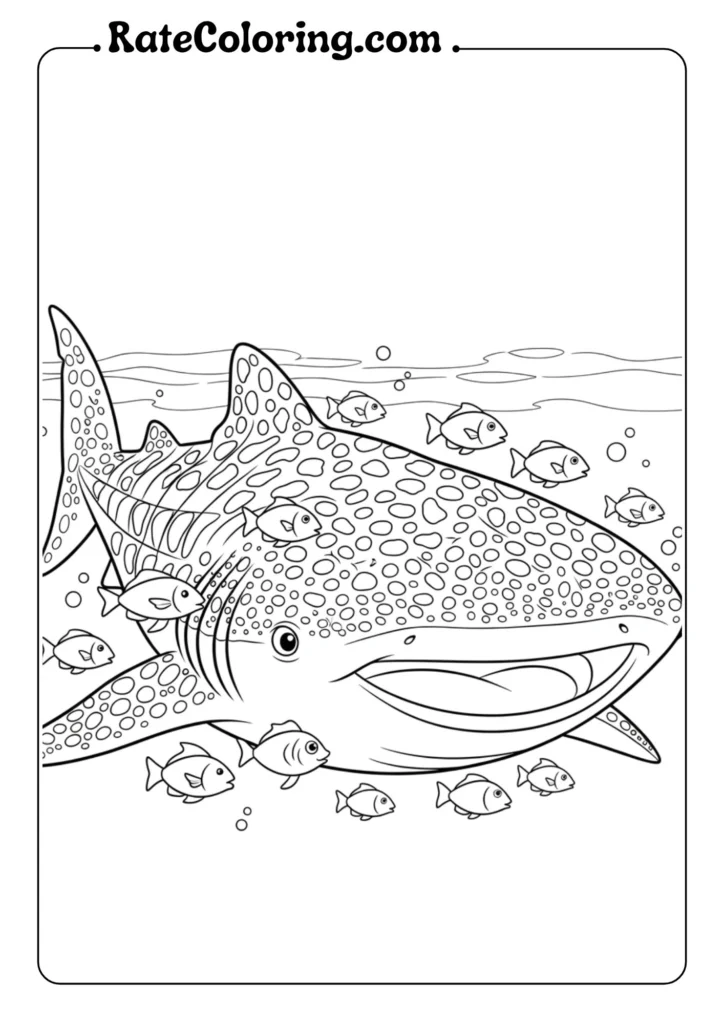 A vibrant coloring page with a shark and several fish, designed for kids to bring to life with colors.