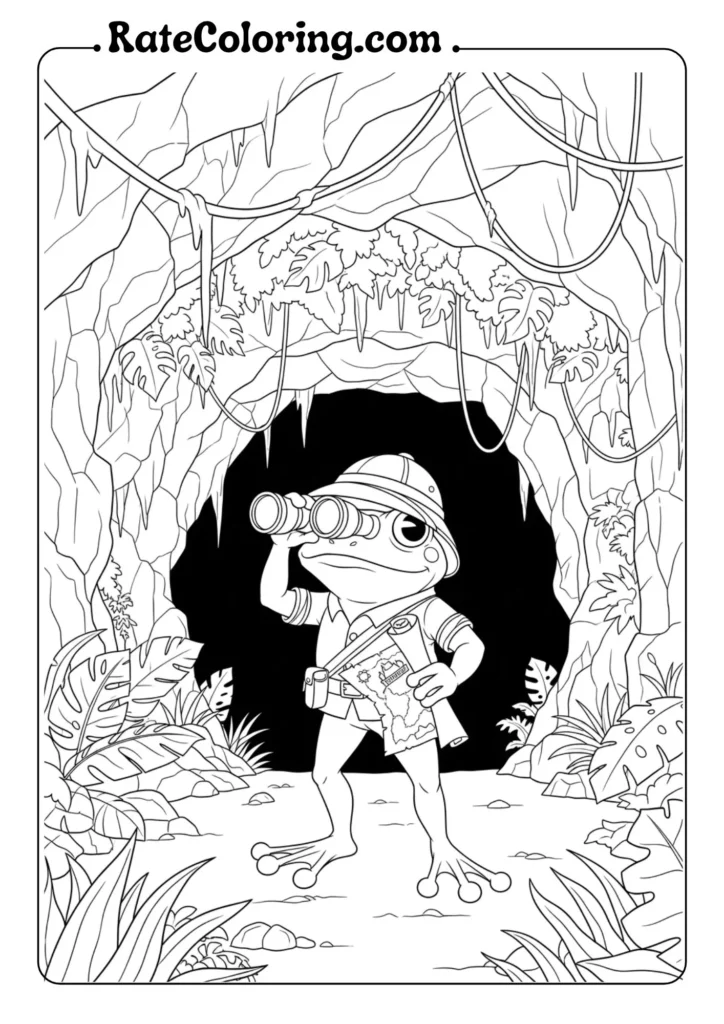 A whimsical frog coloring pages set in a vibrant jungle, inviting creativity and imagination.