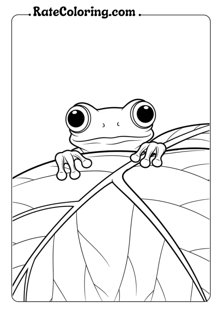 A frog perched on a leaf, illustrated as a coloring page for creative fun.