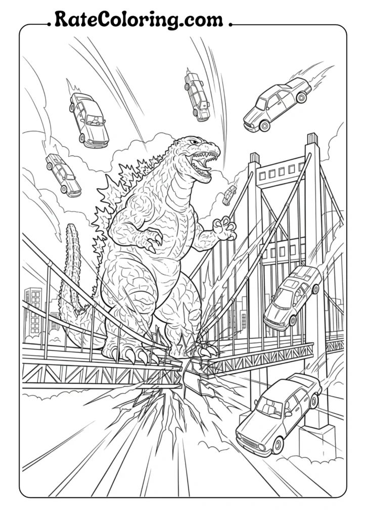 Coloring page of Godzilla crossing a bridge, ready for creative coloring fun.