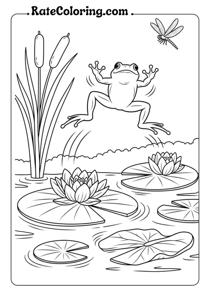 Frog jumping on lily pads, designed as a fun coloring page for kids to enjoy and unleash their creativity.