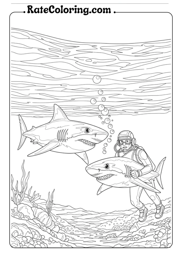 Engaging shark coloring pages for kids, showcasing different shark species for creative coloring fun.