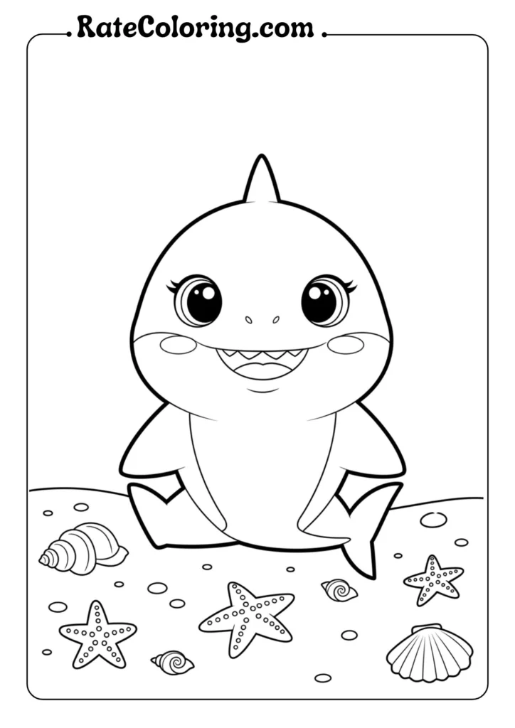 Cute baby shark sitting on the ocean floor surrounded by starfish, seashells, and ocean pebbles in a coloring page outline.