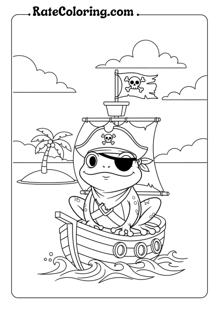 Colorful pirate and frog-themed coloring pages for kids, perfect for encouraging creativity and imaginative play.
