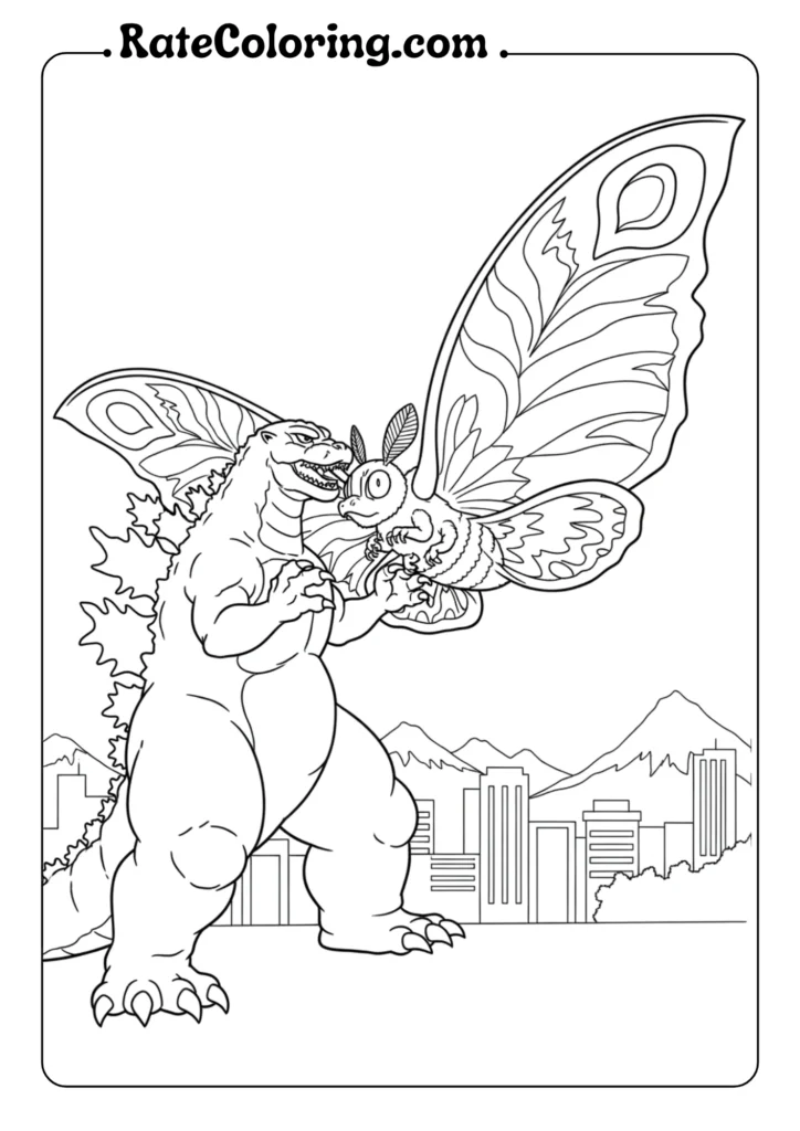 Coloring pages featuring Godzilla alongside a colorful butterfly, perfect for creative fun and relaxation.